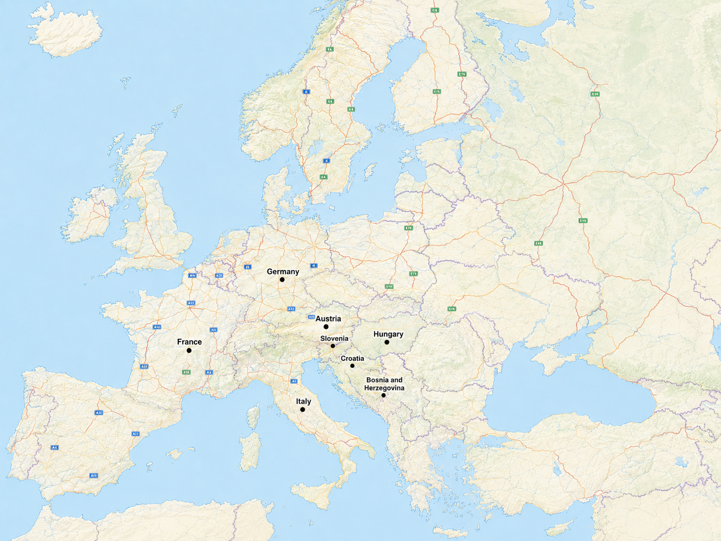 Karta Europe s označenim relacijama